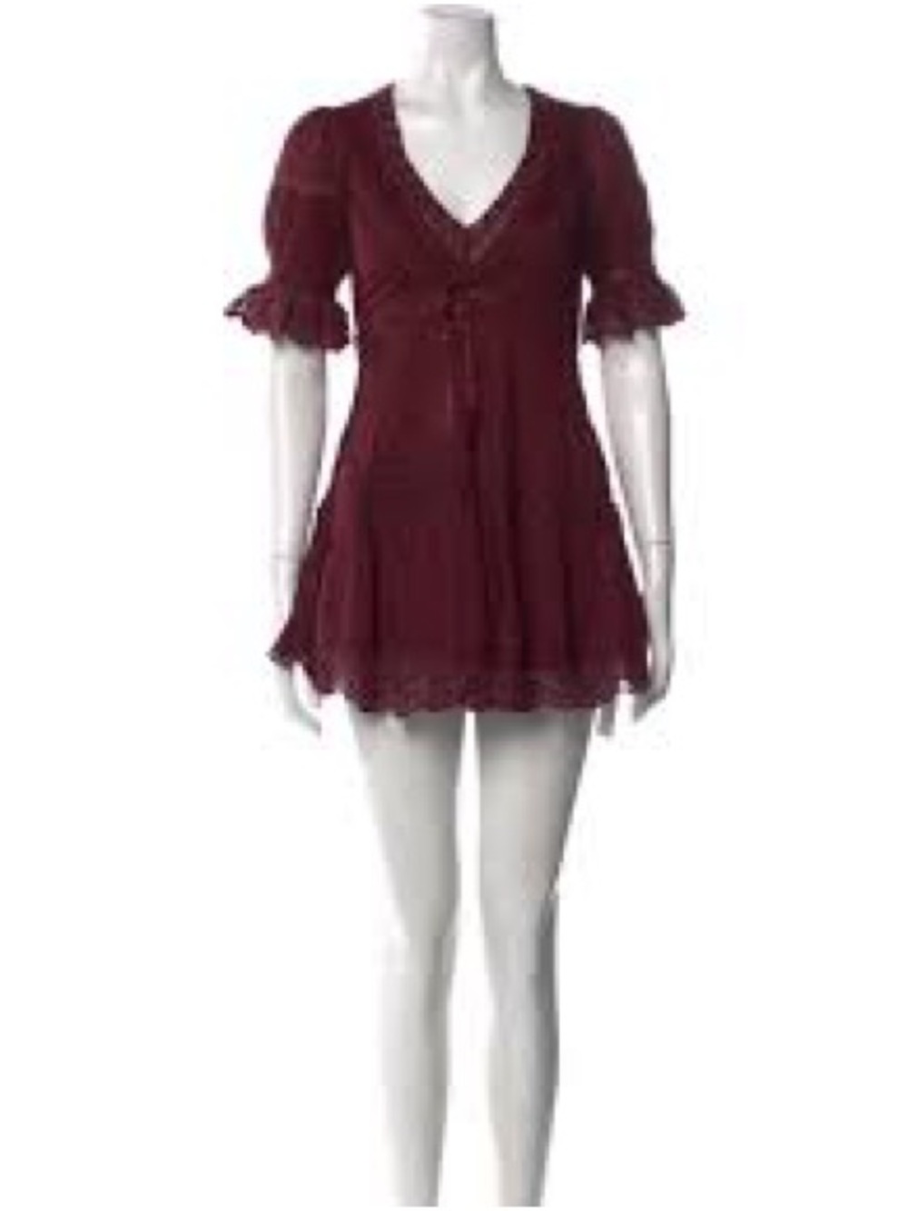 LoveShackFancy Wine-Red V-Neck Ruffle Mini Dress